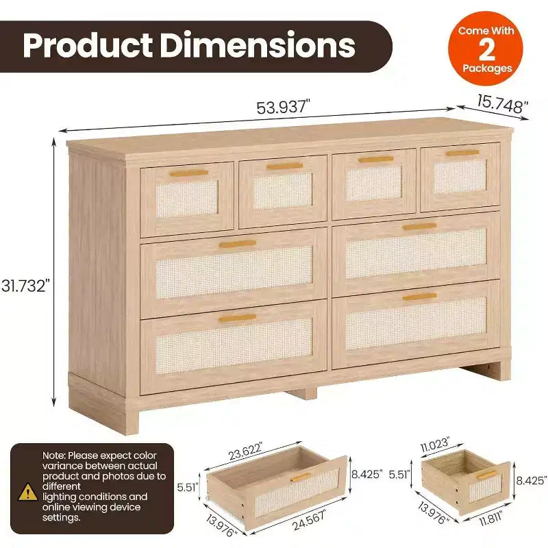Commode 8 tiroirs en rotin, meuble de rangement bohème moderne avec façades tressées et organiseurs de rangement pour chambre, couloir, salon - Naturel
