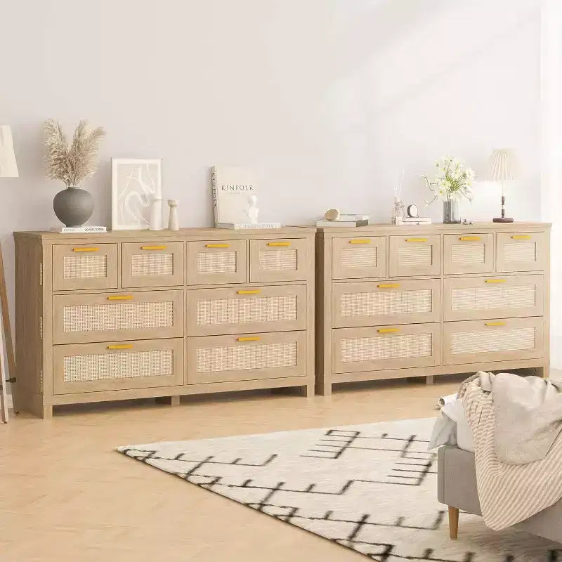 Commode 8 tiroirs en rotin, meuble de rangement bohème moderne avec façades tressées et organiseurs de rangement pour chambre, couloir, salon - Naturel