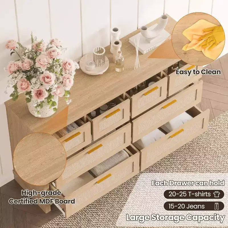 Commode 8 tiroirs en rotin, meuble de rangement bohème moderne avec façades tressées et organiseurs de rangement pour chambre, couloir, salon - Naturel