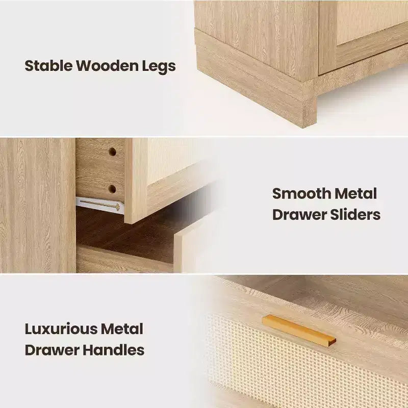 Commode 8 tiroirs en rotin, meuble de rangement bohème moderne avec façades tressées et organiseurs de rangement pour chambre, couloir, salon - Naturel