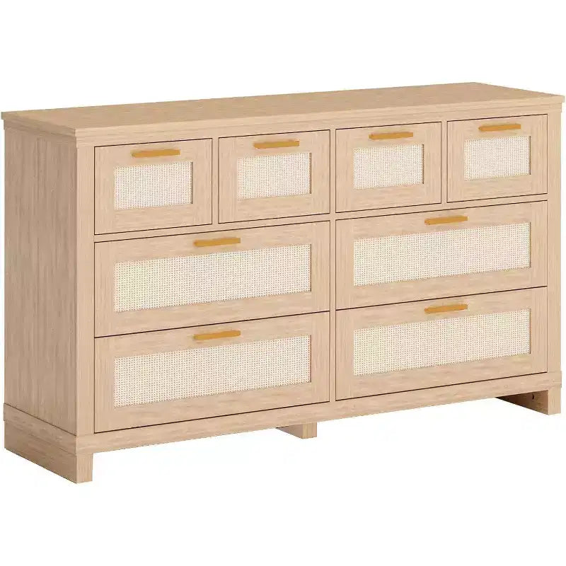 Commode 8 tiroirs en rotin, meuble de rangement bohème moderne avec façades tressées et organiseurs de rangement pour chambre, couloir, salon - Naturel
