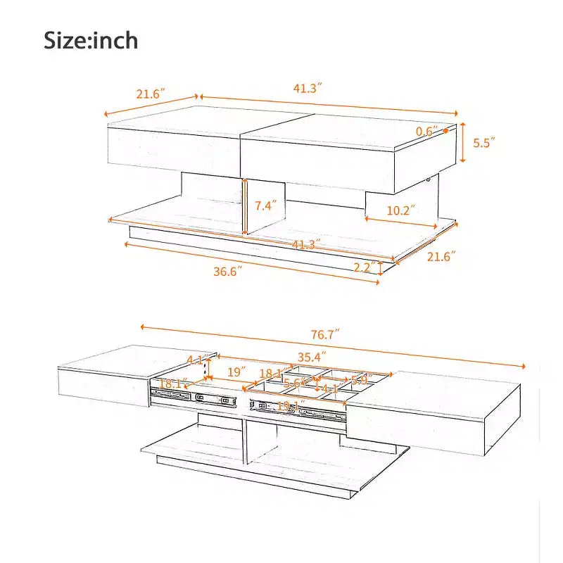 Table basse relevable avec rangement intégré, extensible de 41,3 à 76,7, pièce maîtresse multifonctionnelle pour salon