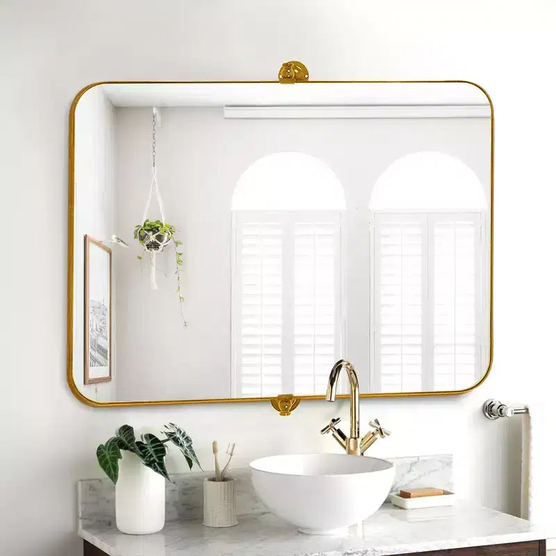 Miroir mural rectangulaire arrondi en fer forgé doré de 35,83x24,02x1,57 pouces