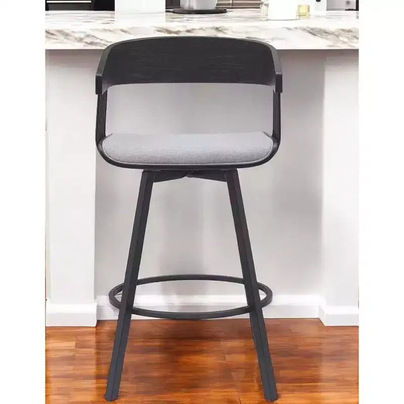 27 Chaise de bar pivotante de comptoir en tissu gris clair et noir et métal