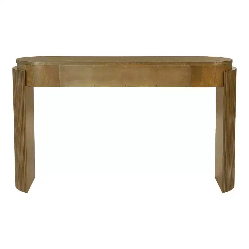 Console Luxystar avec finition grain de bois naturel, plateau ovale et 2 tiroirs pour entrée et salon, bois de pin