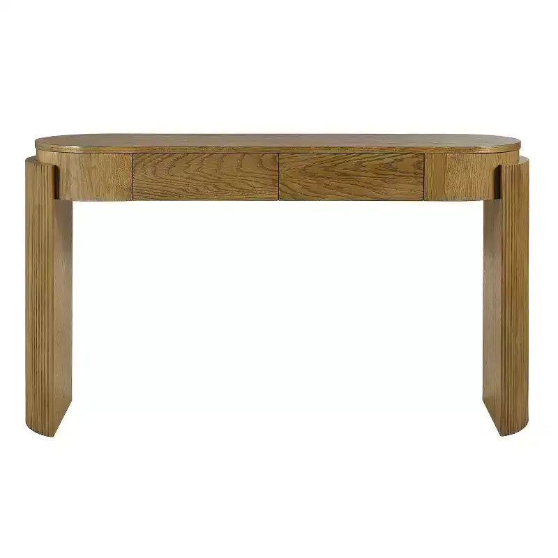 Console Luxystar avec finition grain de bois naturel, plateau ovale et 2 tiroirs pour entrée et salon, bois de pin