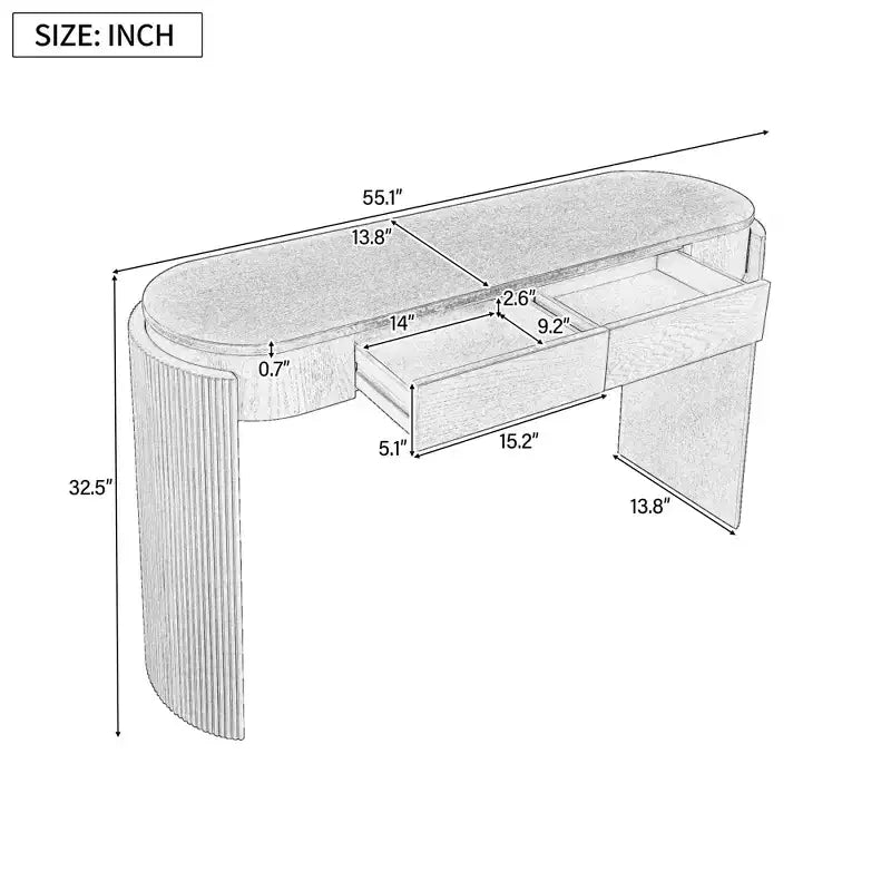 Console Luxystar avec finition grain de bois naturel, plateau ovale et 2 tiroirs pour entrée et salon, bois de pin