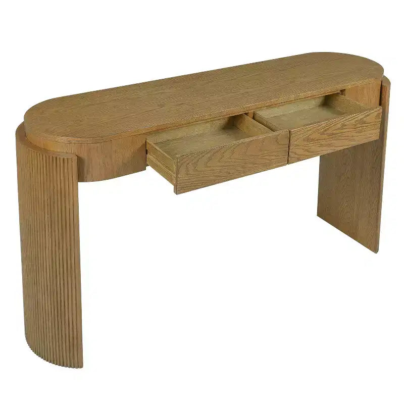 Console Luxystar avec finition grain de bois naturel, plateau ovale et 2 tiroirs pour entrée et salon, bois de pin