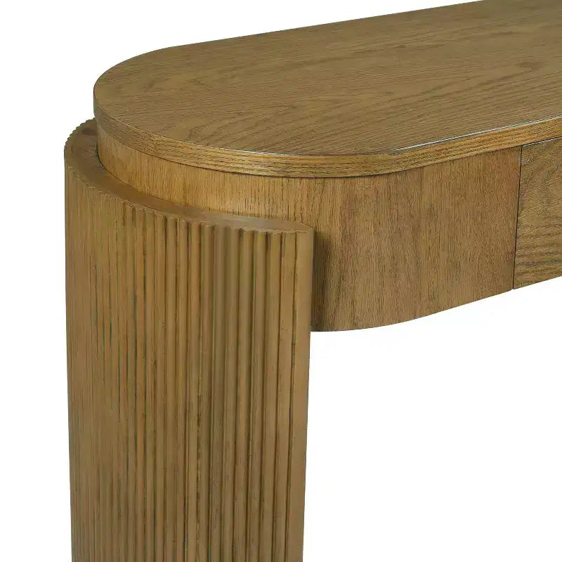 Console Luxystar avec finition grain de bois naturel, plateau ovale et 2 tiroirs pour entrée et salon, bois de pin