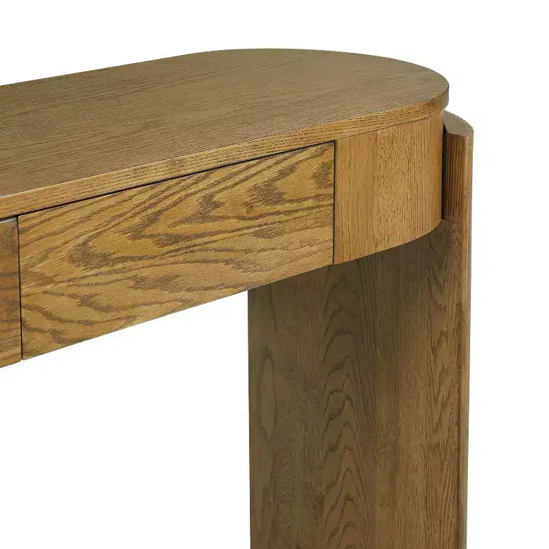 Console Luxystar avec finition grain de bois naturel, plateau ovale et 2 tiroirs pour entrée et salon, bois de pin