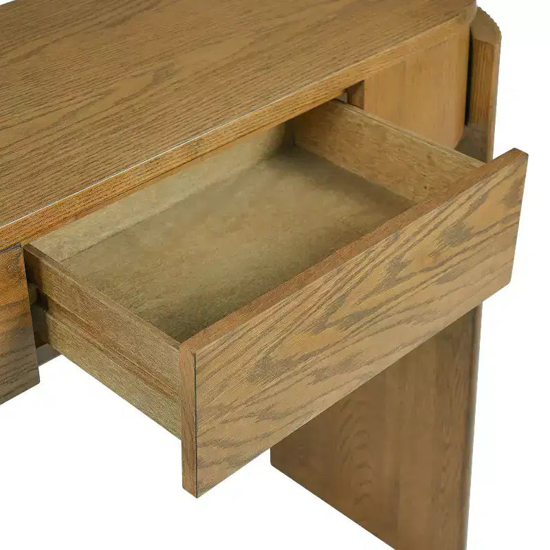 Console Luxystar avec finition grain de bois naturel, plateau ovale et 2 tiroirs pour entrée et salon, bois de pin