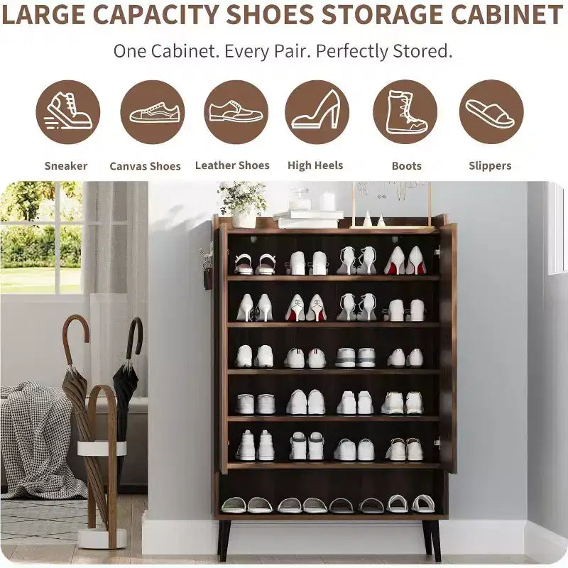 Meuble à chaussures avec 2 portes et étagères réglables, organisateur de chaussures moderne à 6 niveaux avec crochets supplémentaires pour couloir, entrée, salon