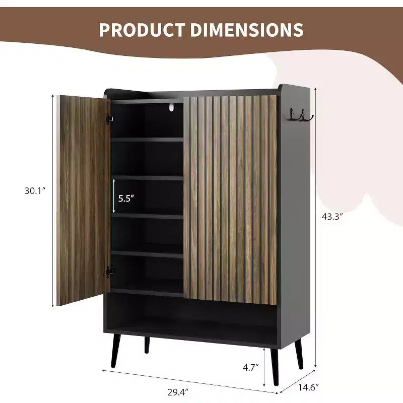 Meuble à chaussures avec 2 portes et étagères réglables, organisateur de chaussures moderne à 6 niveaux avec crochets supplémentaires pour couloir, entrée, salon
