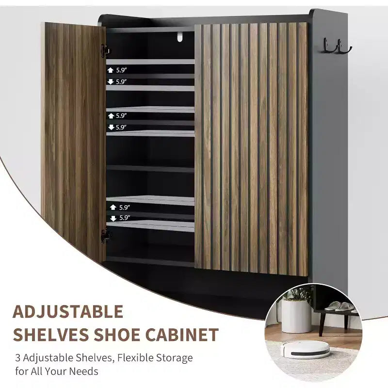 Meuble à chaussures avec 2 portes et étagères réglables, organisateur de chaussures moderne à 6 niveaux avec crochets supplémentaires pour couloir, entrée, salon