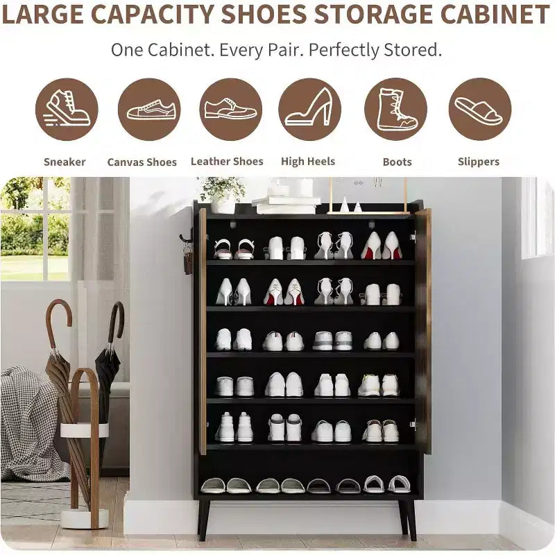 Meuble à chaussures avec 2 portes et étagères réglables, organisateur de chaussures moderne à 6 niveaux avec crochets supplémentaires pour couloir, entrée, salon
