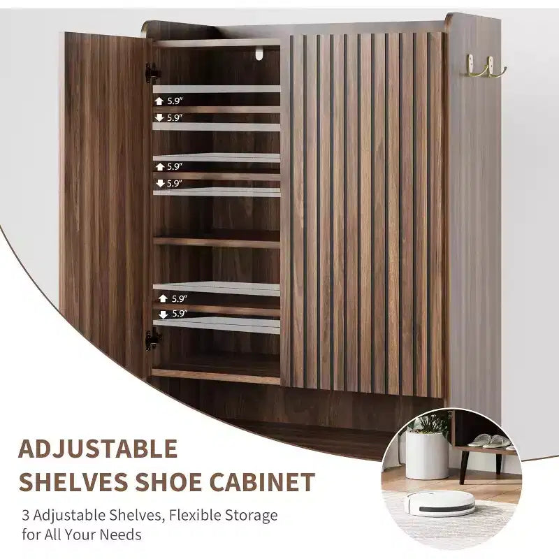 Meuble à chaussures avec 2 portes et étagères réglables, organisateur de chaussures moderne à 6 niveaux avec crochets supplémentaires pour couloir, entrée, salon