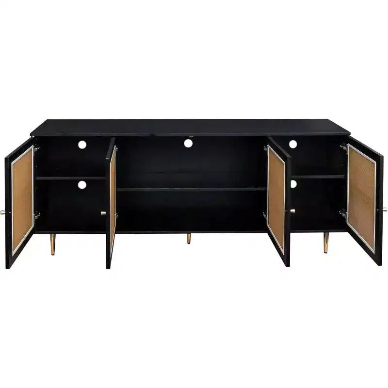 Buffet avec portes en rotin, console de rangement pour la cuisine, la salle à manger, le salon, le couloir, noir