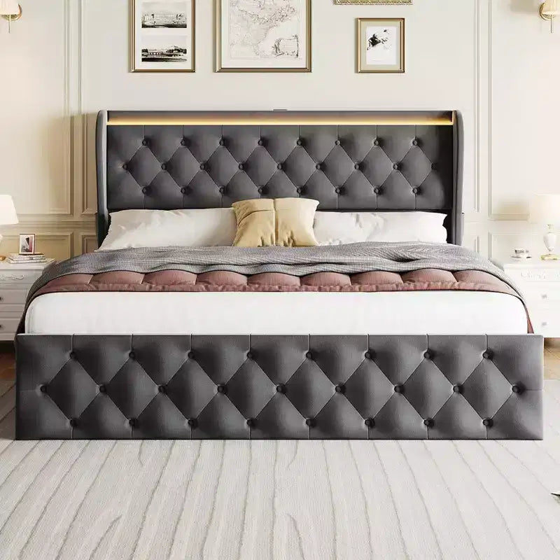 Cadre de lit King Size avec tête de lit capitonnée en velours et 4 tiroirs de rangement, lit plateforme, sommier tapissier non requis