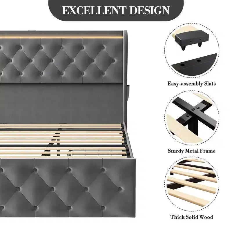 Cadre de lit King Size avec tête de lit capitonnée en velours et 4 tiroirs de rangement, lit plateforme, sommier tapissier non requis