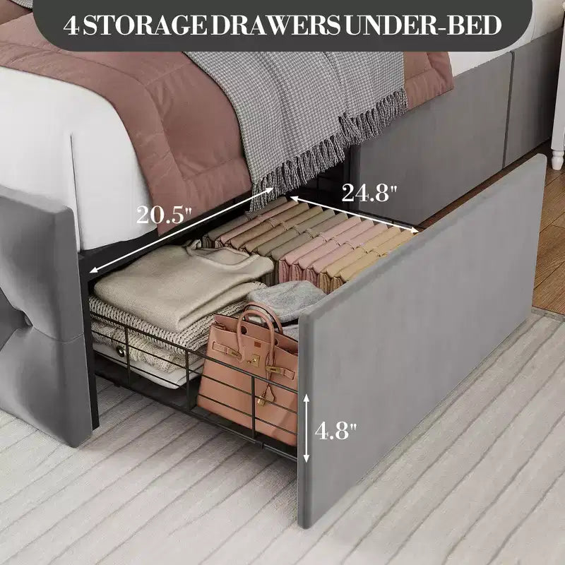 Cadre de lit King Size avec tête de lit capitonnée en velours et 4 tiroirs de rangement, lit plateforme, sommier tapissier non requis