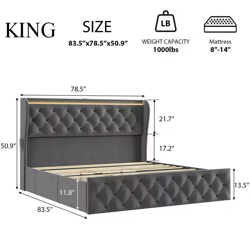 Cadre de lit King Size avec tête de lit capitonnée en velours et 4 tiroirs de rangement, lit plateforme, sommier tapissier non requis