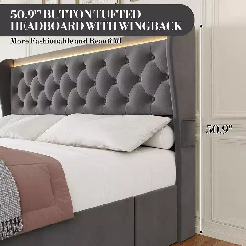 Cadre de lit King Size avec tête de lit capitonnée en velours et 4 tiroirs de rangement, lit plateforme, sommier tapissier non requis