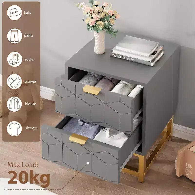 Petite commode à 2 tiroirs avec base en métal doré pour salon, couloir, entrée, table de chevet