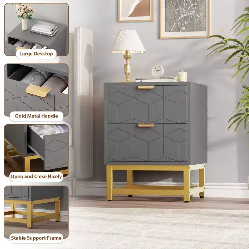 Petite commode à 2 tiroirs avec base en métal doré pour salon, couloir, entrée, table de chevet
