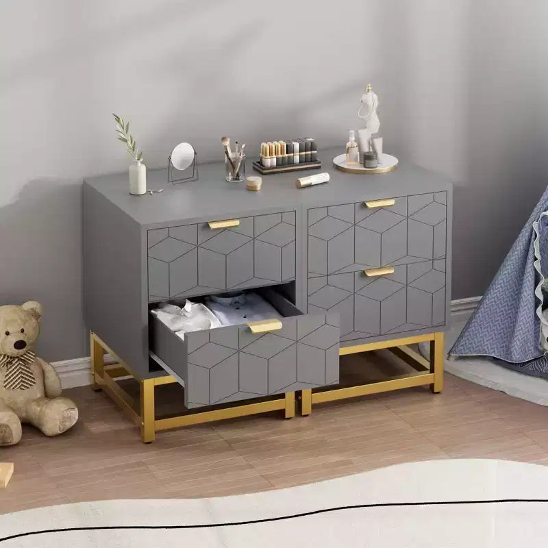 Petite commode à 2 tiroirs avec base en métal doré pour salon, couloir, entrée, table de chevet