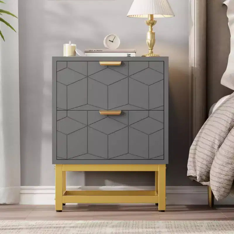 Petite commode à 2 tiroirs avec base en métal doré pour salon, couloir, entrée, table de chevet