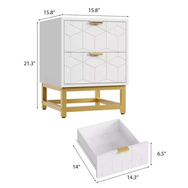 Petite commode à 2 tiroirs avec base en métal doré pour salon, couloir, entrée, table de chevet