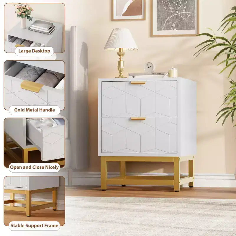 Petite commode à 2 tiroirs avec base en métal doré pour salon, couloir, entrée, table de chevet