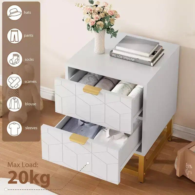 Petite commode à 2 tiroirs avec base en métal doré pour salon, couloir, entrée, table de chevet
