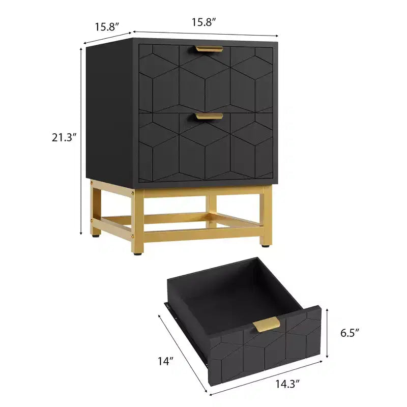 Petite commode à 2 tiroirs avec base en métal doré pour salon, couloir, entrée, table de chevet