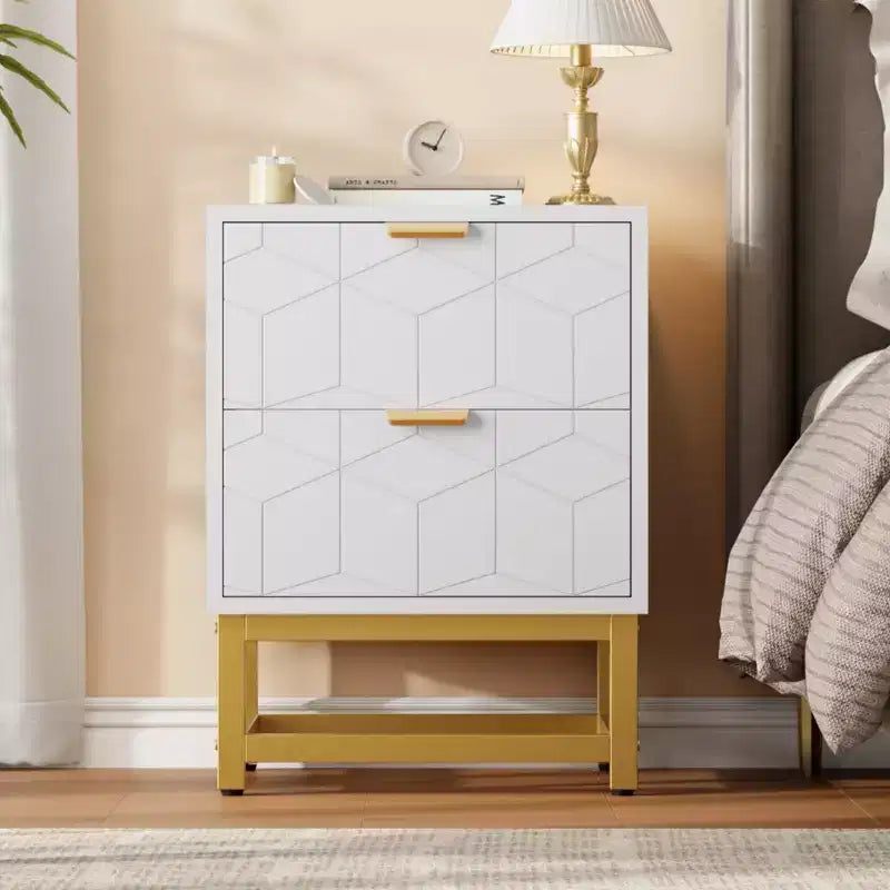 Petite commode à 2 tiroirs avec base en métal doré pour salon, couloir, entrée, table de chevet