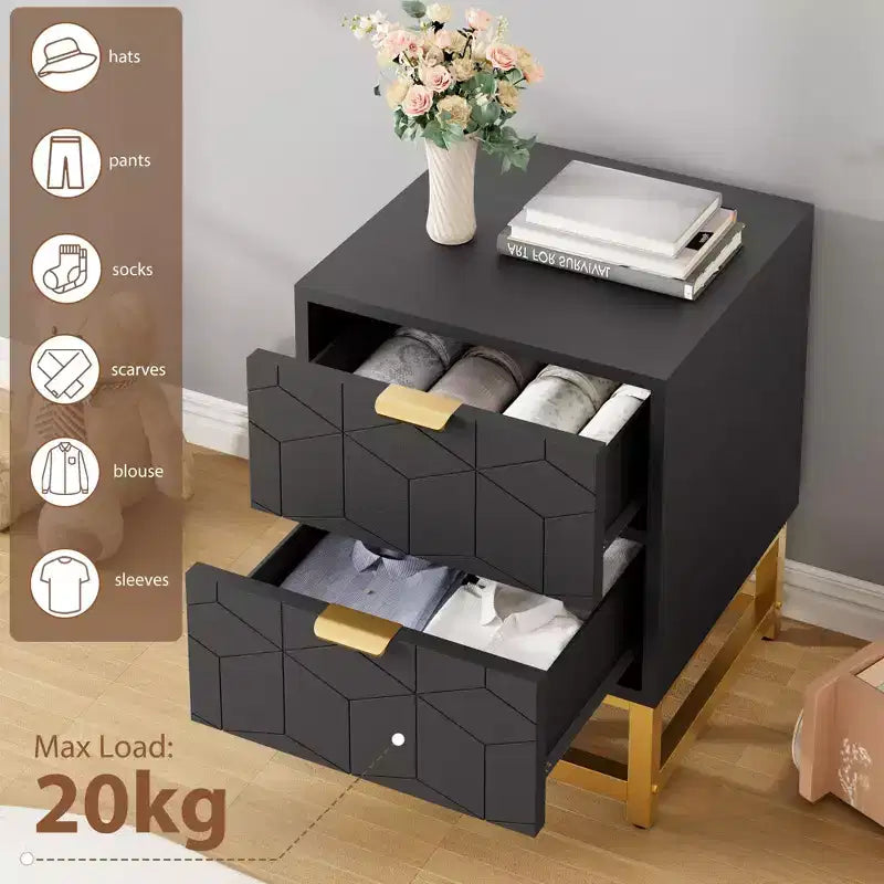 Petite commode à 2 tiroirs avec base en métal doré pour salon, couloir, entrée, table de chevet