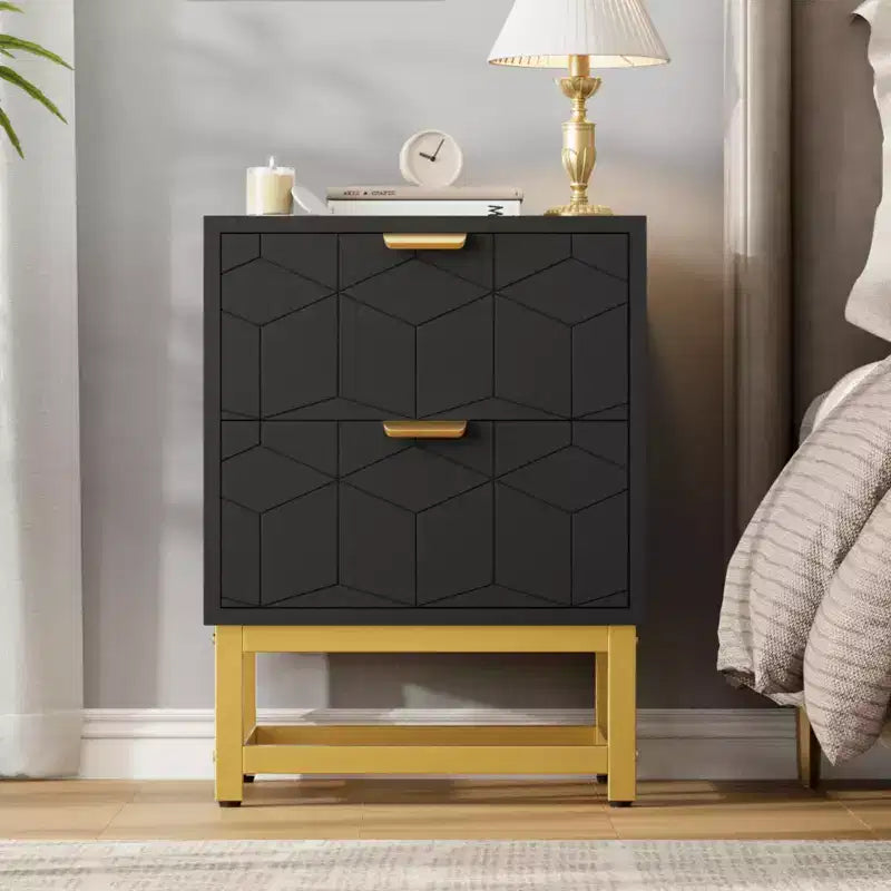 Petite commode à 2 tiroirs avec base en métal doré pour salon, couloir, entrée, table de chevet