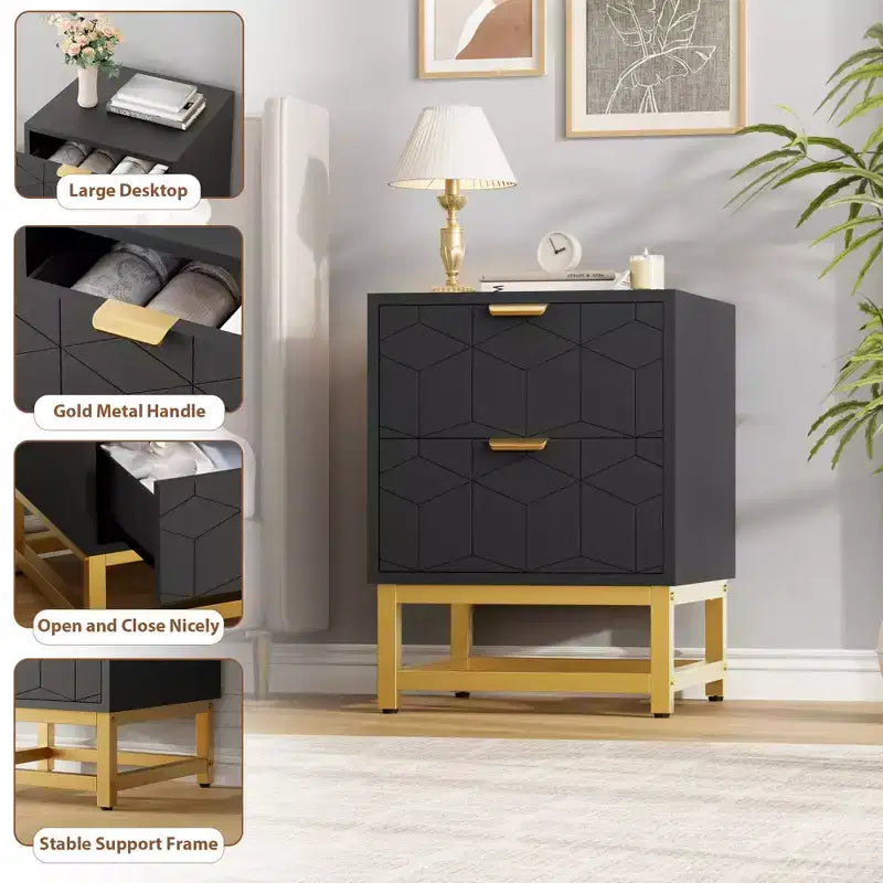 Petite commode à 2 tiroirs avec base en métal doré pour salon, couloir, entrée, table de chevet