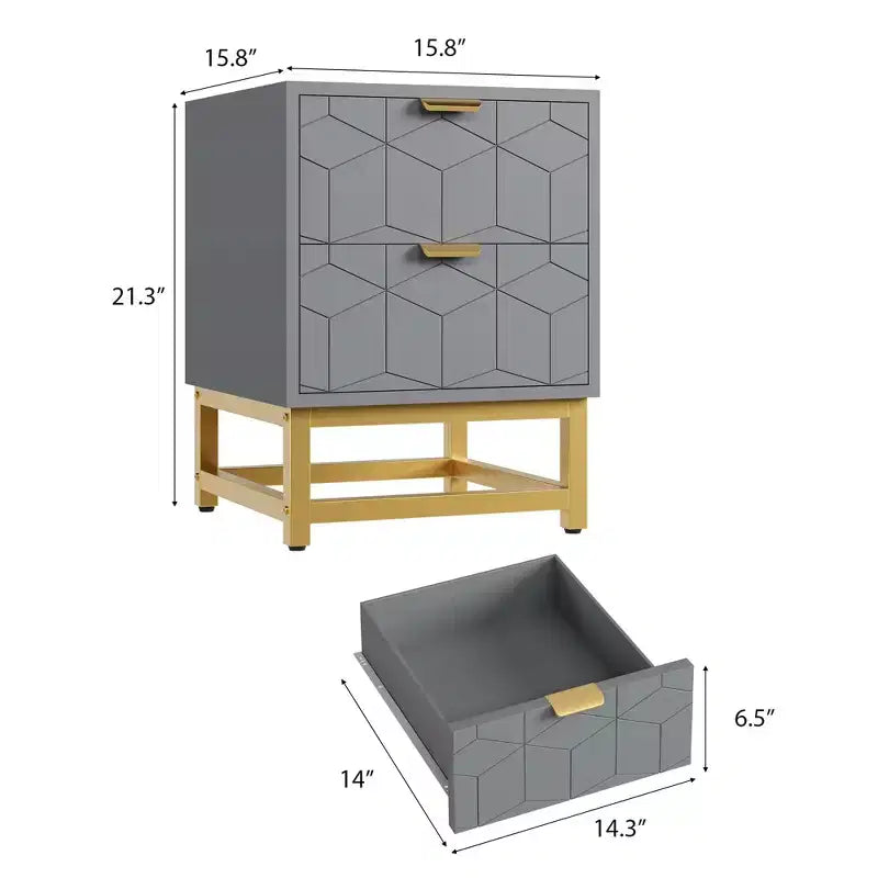 Petite commode à 2 tiroirs avec base en métal doré pour salon, couloir, entrée, table de chevet
