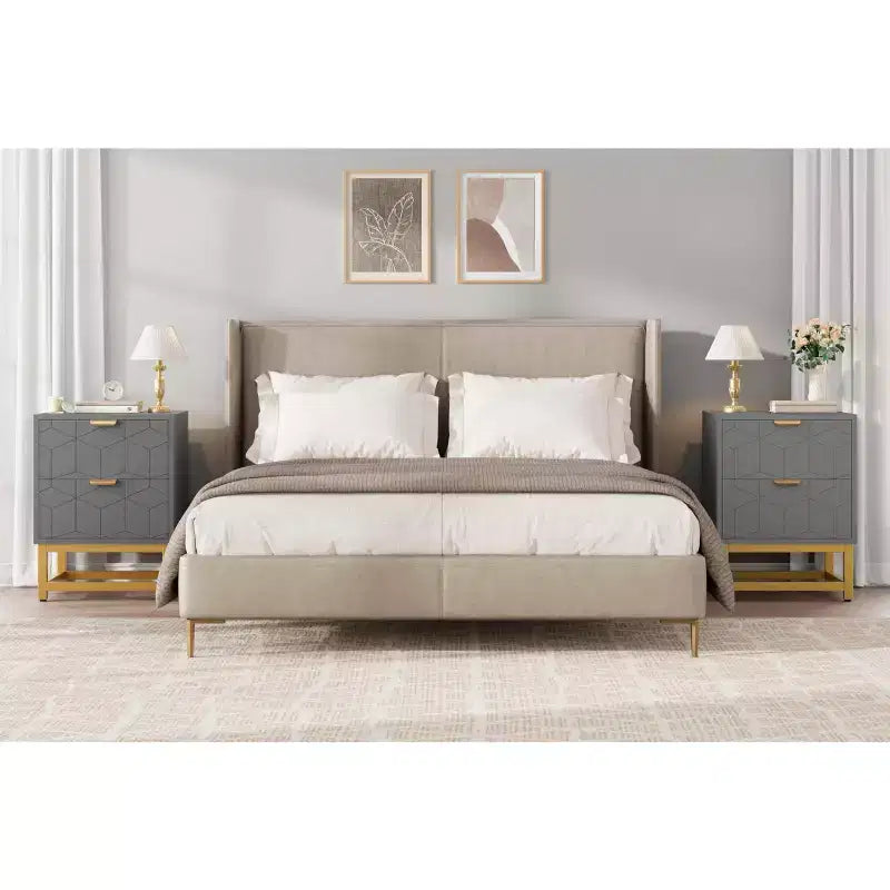 Petite commode à 2 tiroirs avec base en métal doré pour salon, couloir, entrée, table de chevet
