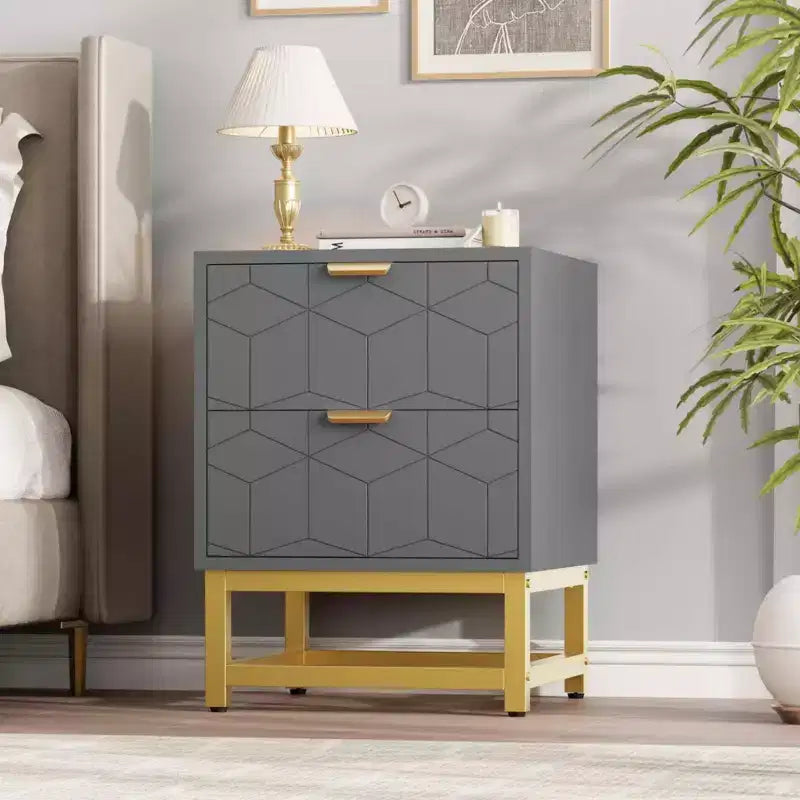 Petite commode à 2 tiroirs avec base en métal doré pour salon, couloir, entrée, table de chevet