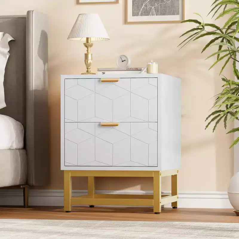 Petite commode à 2 tiroirs avec base en métal doré pour salon, couloir, entrée, table de chevet