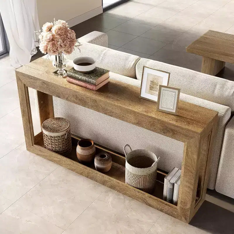 Console étroite 63, longue table d'appoint derrière un canapé pour un couloir, un salon, une entrée, un foyer, design peu encombrant, chêne clair marron