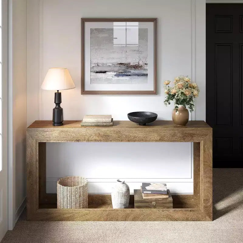 Console étroite 63, longue table d'appoint derrière un canapé pour un couloir, un salon, une entrée, un foyer, design peu encombrant, chêne clair marron