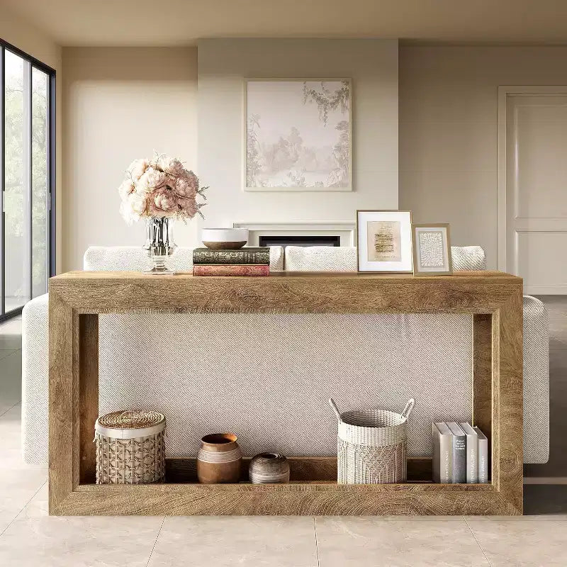 Console étroite 63, longue table d'appoint derrière un canapé pour un couloir, un salon, une entrée, un foyer, design peu encombrant, chêne clair marron