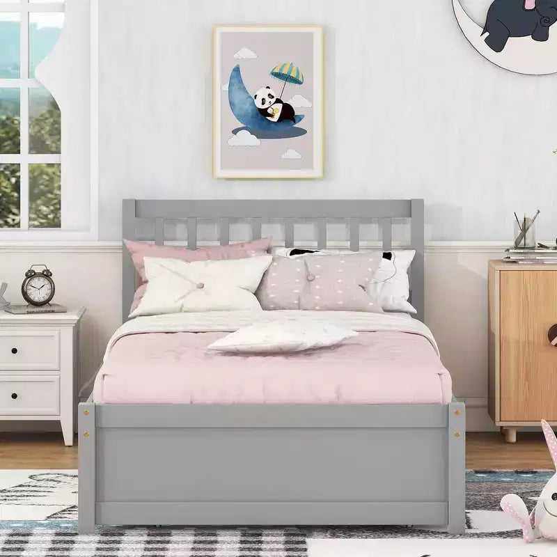 Lit simple avec lit gigogne, cadre de lit plateforme en bois avec tête de lit, lits simples pour enfants, adolescents, adultes, pas besoin de sommier, gris