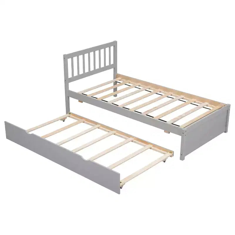 Lit simple avec lit gigogne, cadre de lit plateforme en bois avec tête de lit, lits simples pour enfants, adolescents, adultes, pas besoin de sommier, gris