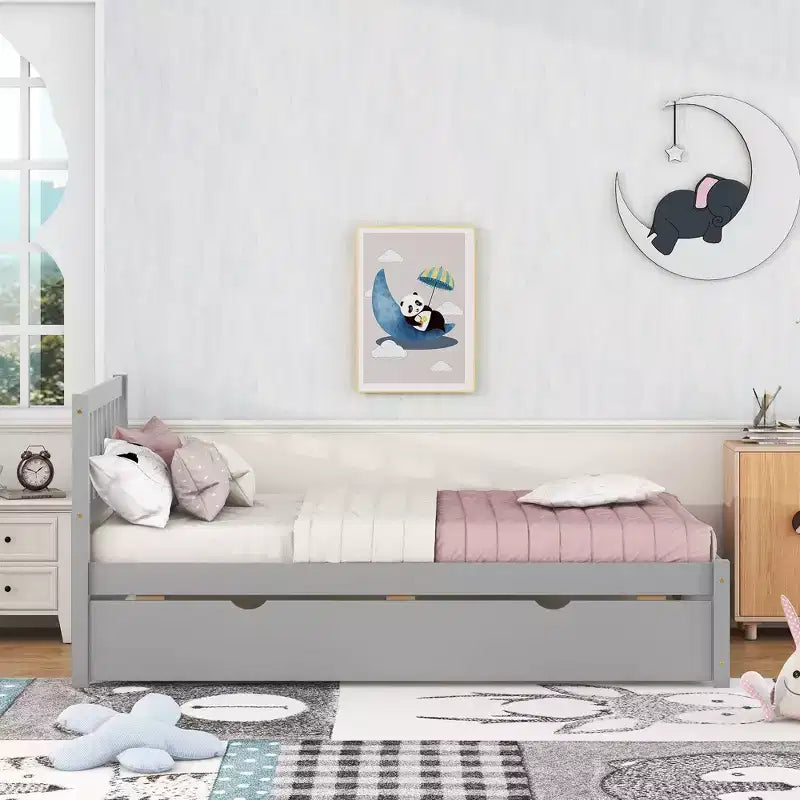 Lit simple avec lit gigogne, cadre de lit plateforme en bois avec tête de lit, lits simples pour enfants, adolescents, adultes, pas besoin de sommier, gris