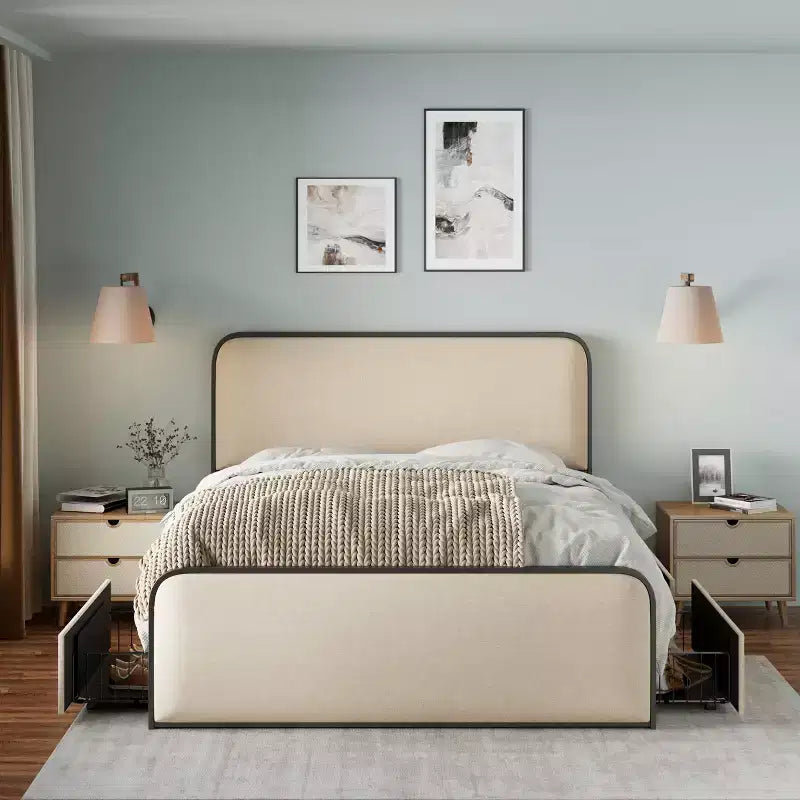 Cadre de lit King moderne en métal avec tête de lit capitonnée et 4 tiroirs - Beige