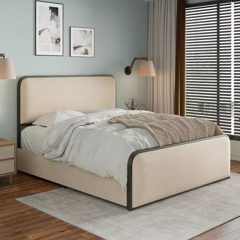 Cadre de lit King moderne en métal avec tête de lit capitonnée et 4 tiroirs - Beige